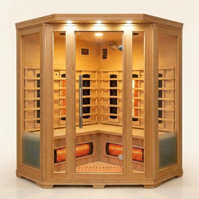 3-Person Infrared Sauna Designed for Home Recovery, Premium Canadian Red Cedar, Corner Design, Panoramic Glass