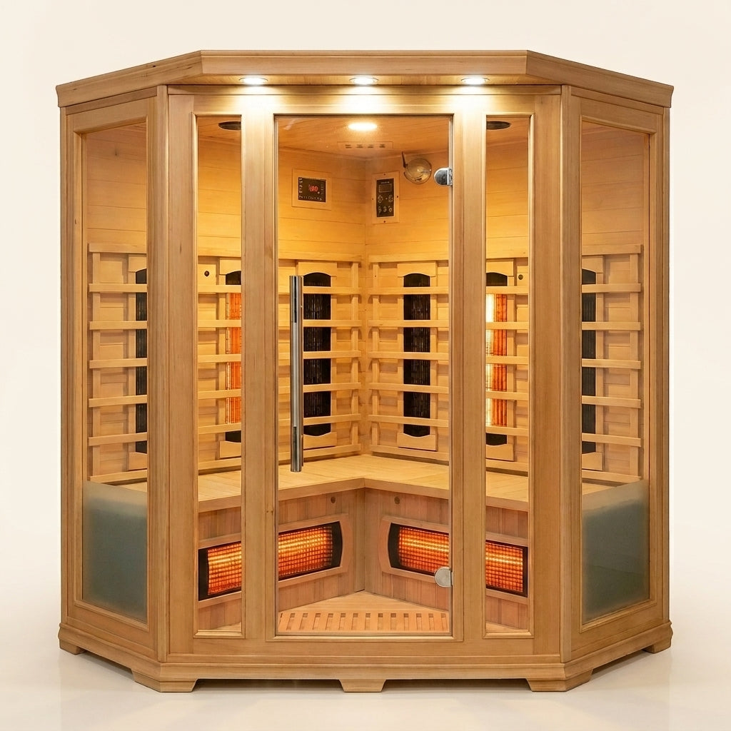 AuroraHeat 3-Person Corner Infrared Sauna — Studio Shot