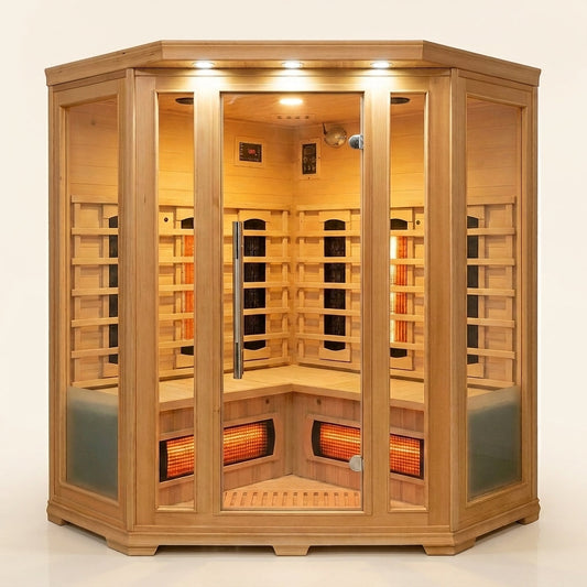 AuroraHeat 3-Person Corner Infrared Sauna — Studio Shot