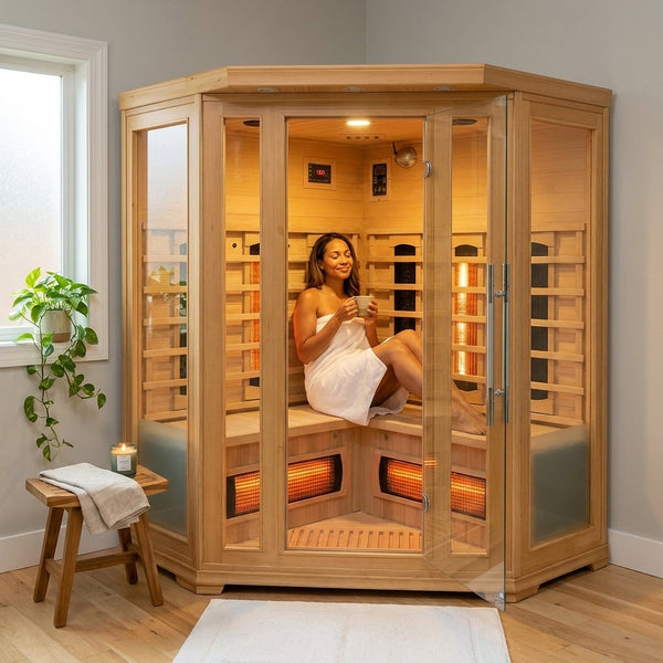 3-Person Infrared Sauna Designed for Home Recovery, Premium Canadian Red Cedar, Corner Design, Panoramic Glass